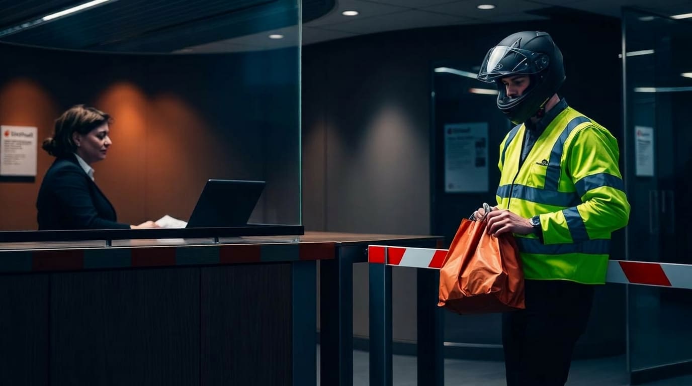 London office reception with a security barrier and a delivery courier in hi-vis holding a takeaway bag