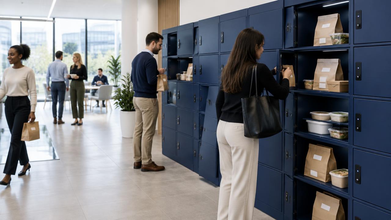Office workers collecting individually labelled lunch bags from a bank of smart food lockers in a modern workplace lobby