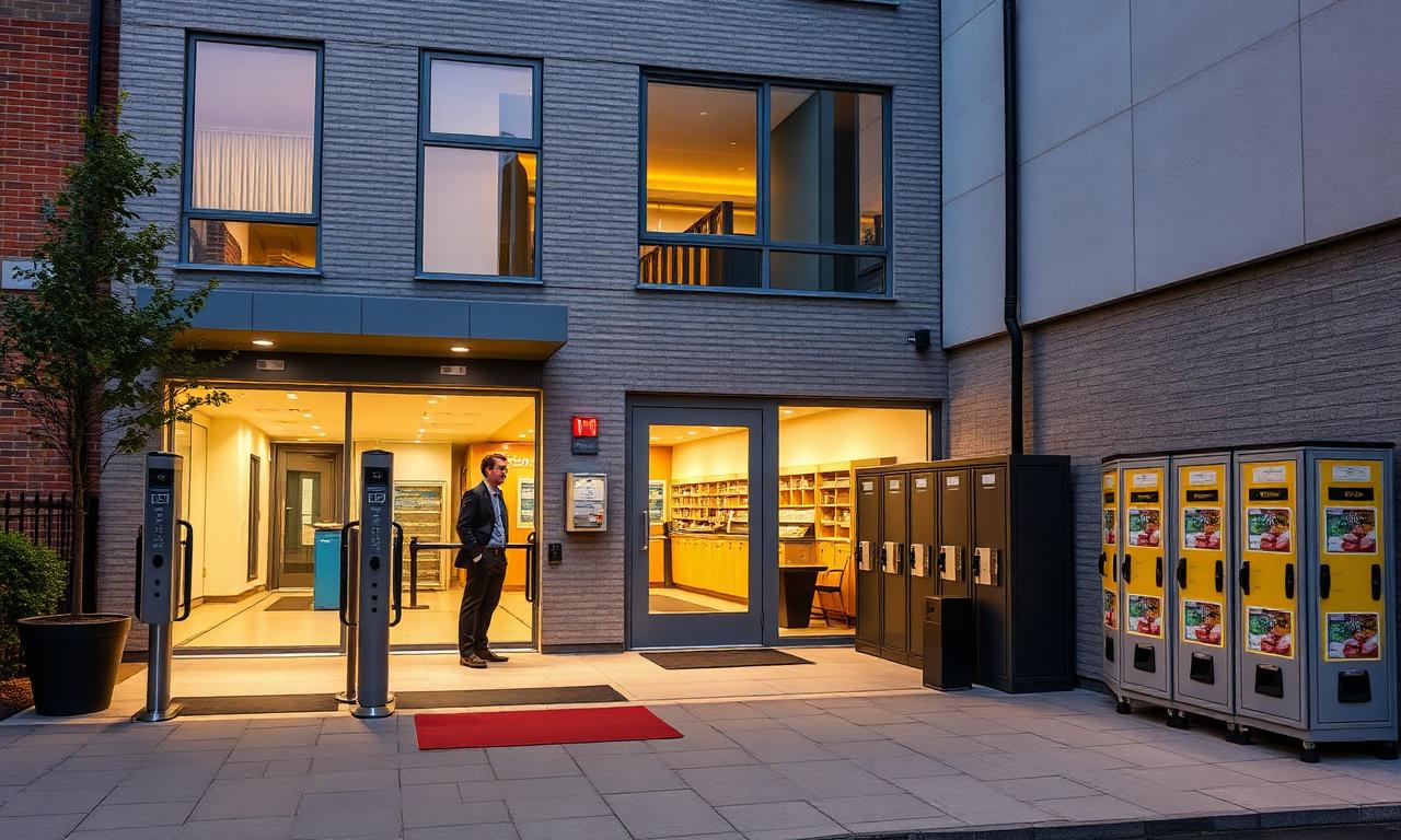 UK purpose-built student accommodation entrance at dusk with smart access gates and a bank of food, grocery and meal-kit delivery lockers