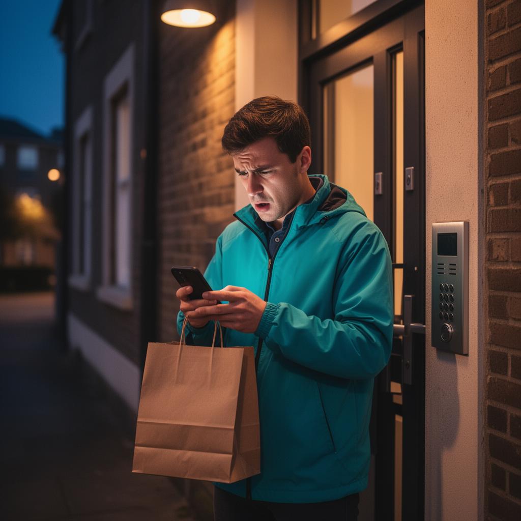 Frustrated food delivery courier outside a locked residential building intercom at dusk holding an unbranded paper takeaway bag and staring at his phone