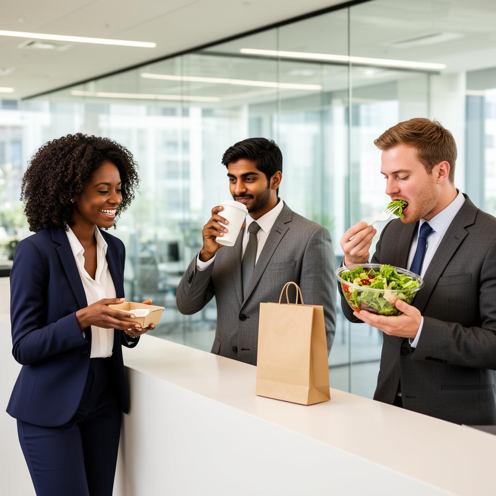 Busy multi-tenant London office reception desk piled with food delivery bags and parcels