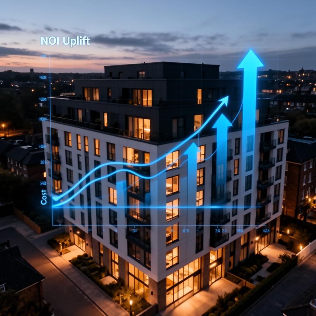 Aerial view of a modern UK Build-to-Rent apartment building at dusk with warm interior lights and overlaid electric-blue data visualisation showing NOI uplift arrows and cost reduction lines
