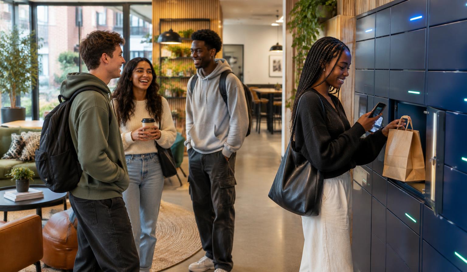 Residents chatting in a modern amenity lounge while one collects a food order from a bank of smart food lockers