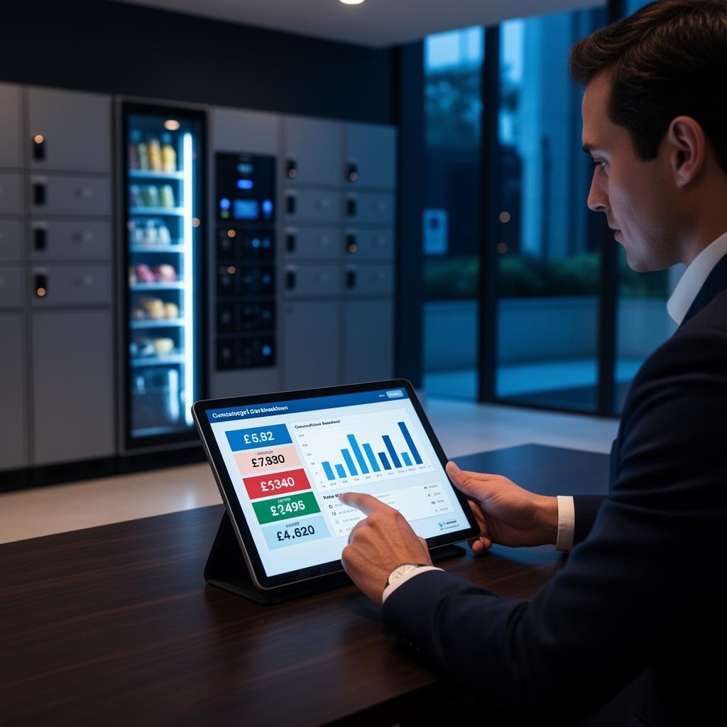 UK residential building manager reviewing a concierge cost breakdown chart with pound sterling figures on a tablet at a sleek desk with smart lockers softly glowing in the background
