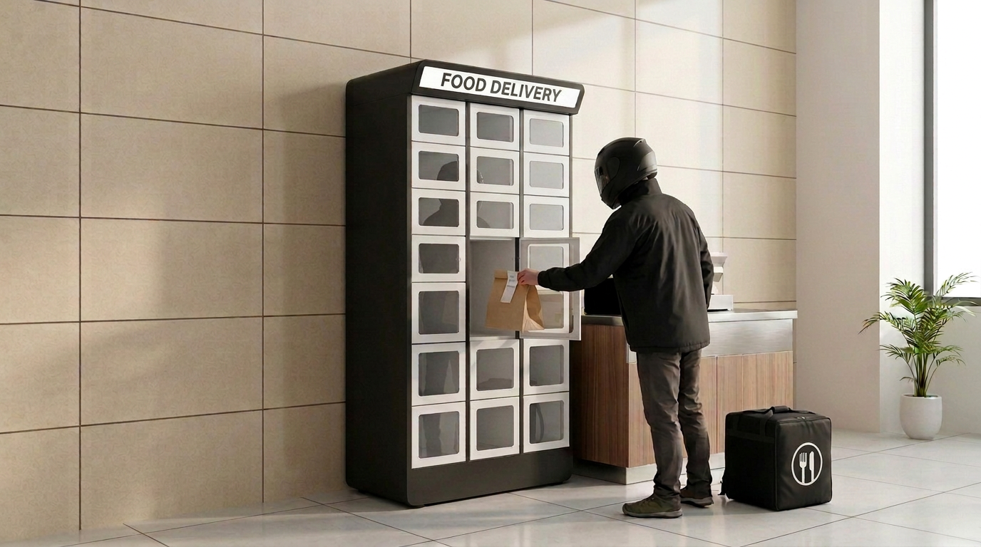 Illustration of a delivery rider collecting an order from a single open locker compartment