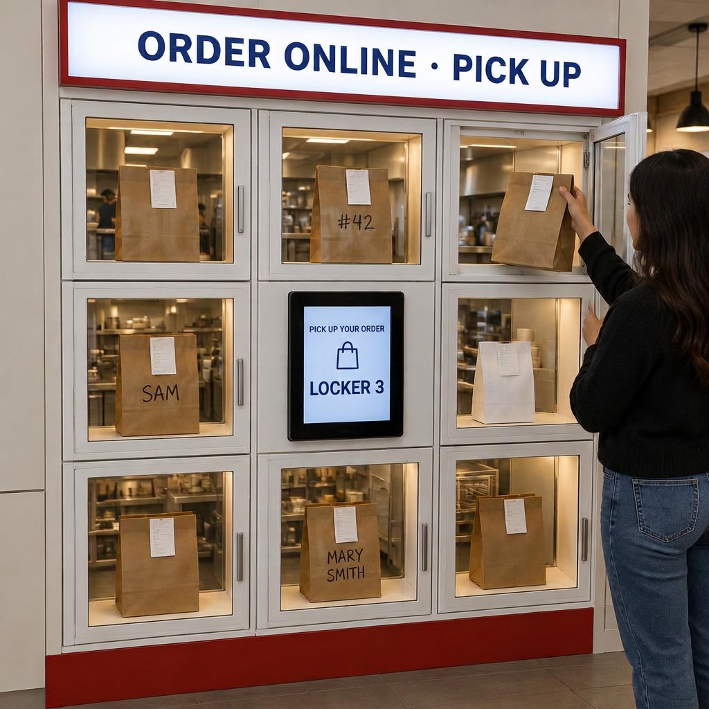 Illustration of a rear-loading pickup locker built into a fast-food counter