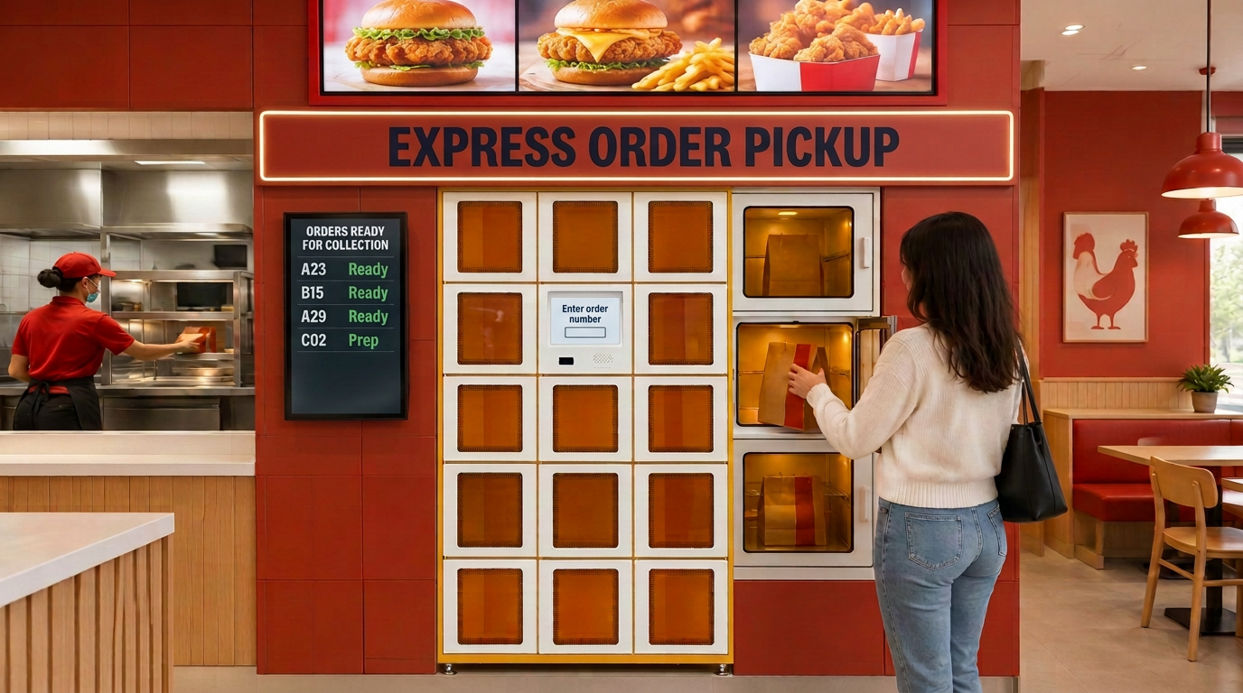Illustration of a pickup locker built into the wall of a fast-food restaurant beside the kitchen