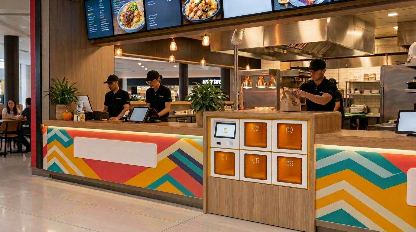 Illustration of a full-height pickup locker built into a food counter