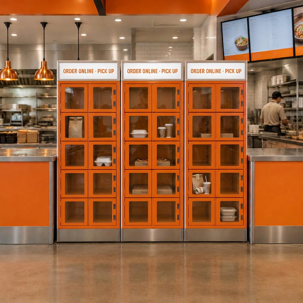 Illustration of insulated glass-door pickup lockers holding takeaway orders
