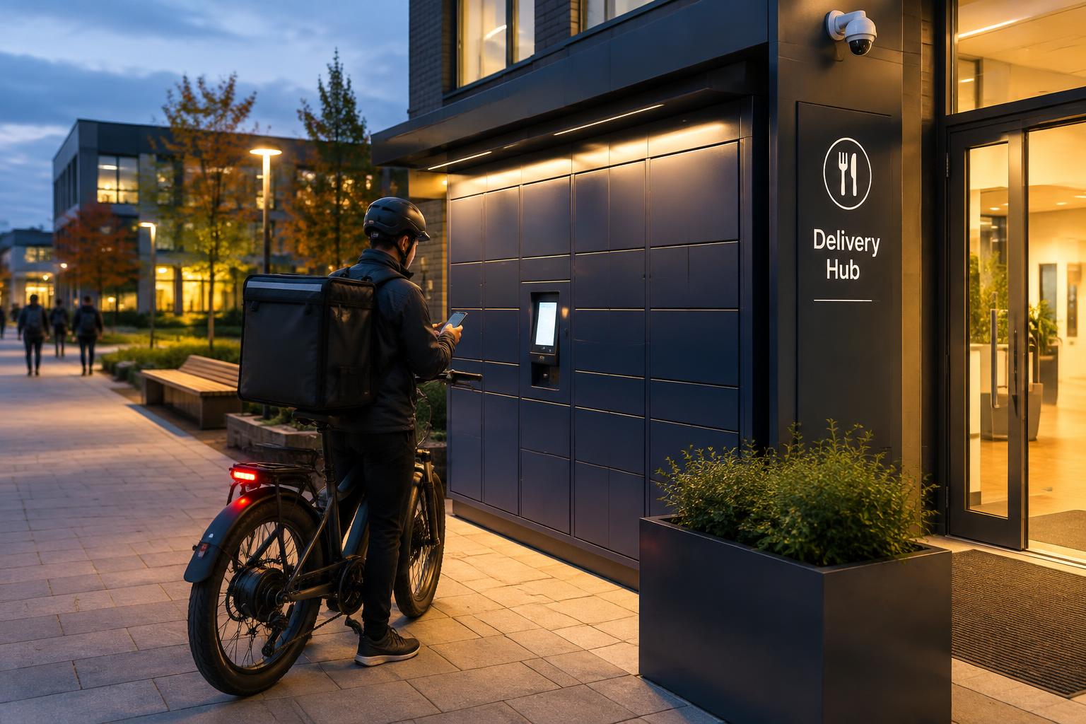 Food delivery rider on an e-bike depositing an order at a well-lit, signposted smart locker delivery hub on a university campus at dusk