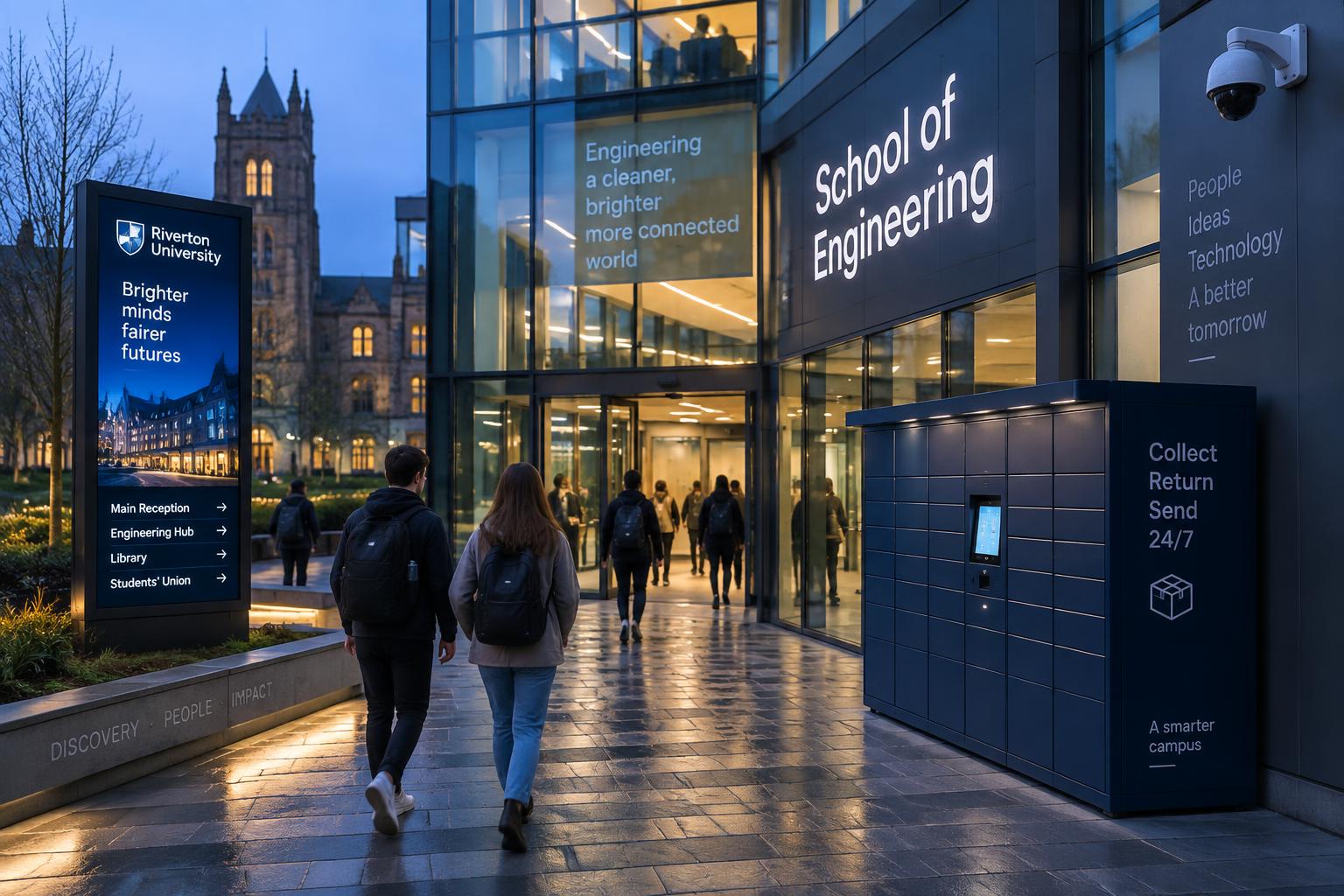Students walking past a modern university building at dusk with digital wayfinding signage and a smart locker bank at the entrance