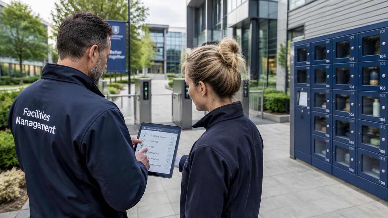 Facilities managers reviewing a smart estate checklist on a tablet beside a campus locker bank