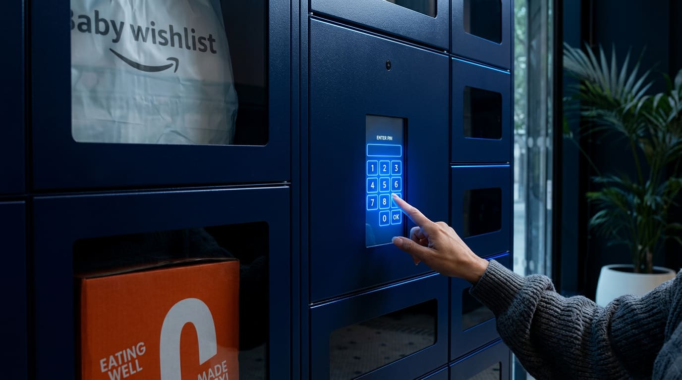 Resident entering a secure PIN code on a smart food locker touchscreen