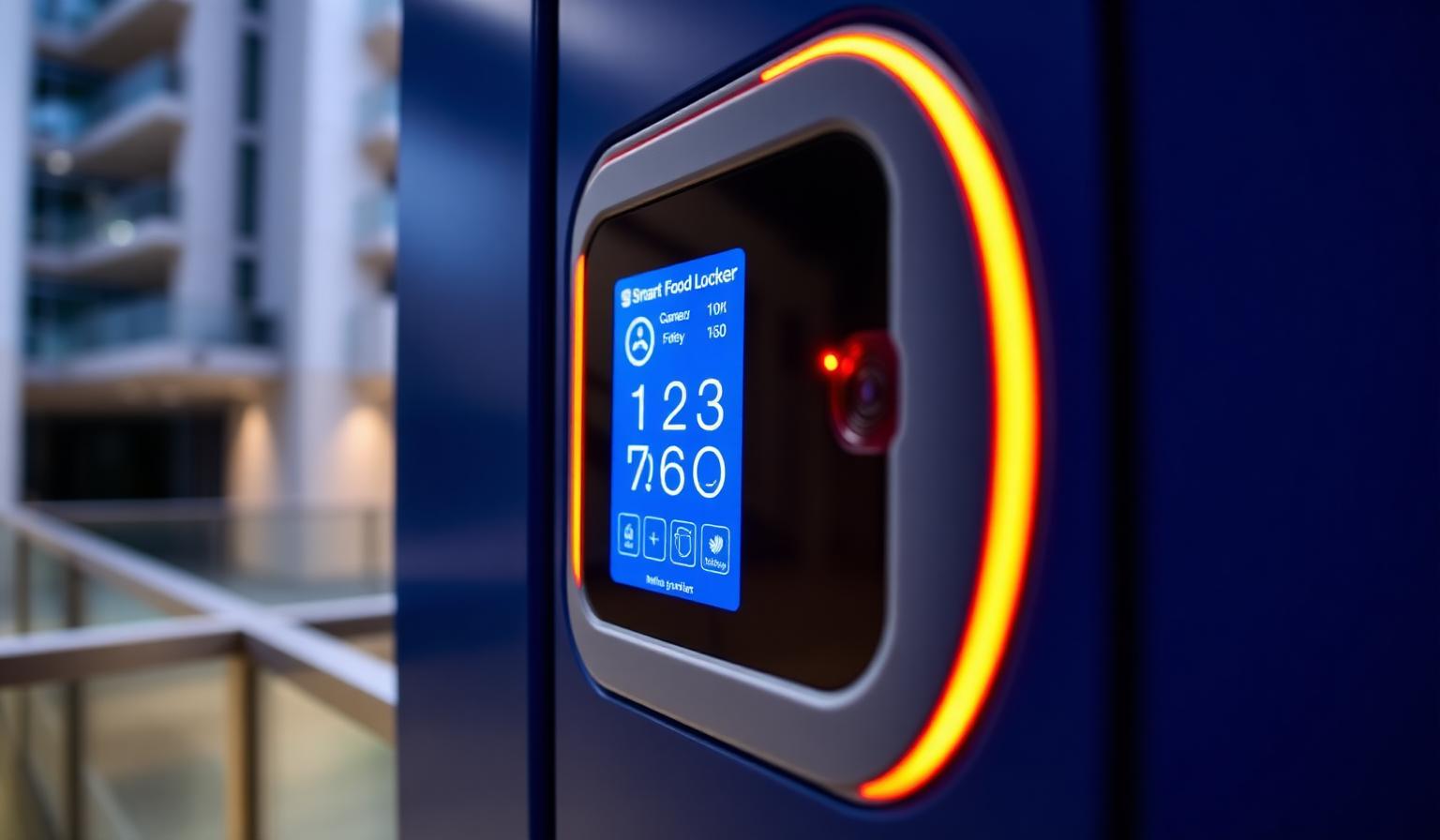 Smart food locker touchscreen and camera in a UK apartment lobby