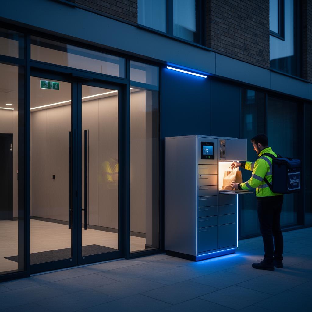 Food delivery courier in a hi-vis jacket dropping a paper takeaway bag into a perimeter-accessible smart food locker bank beside a UK apartment building's glass entrance at dusk, with the lobby behind the glass empty and calm