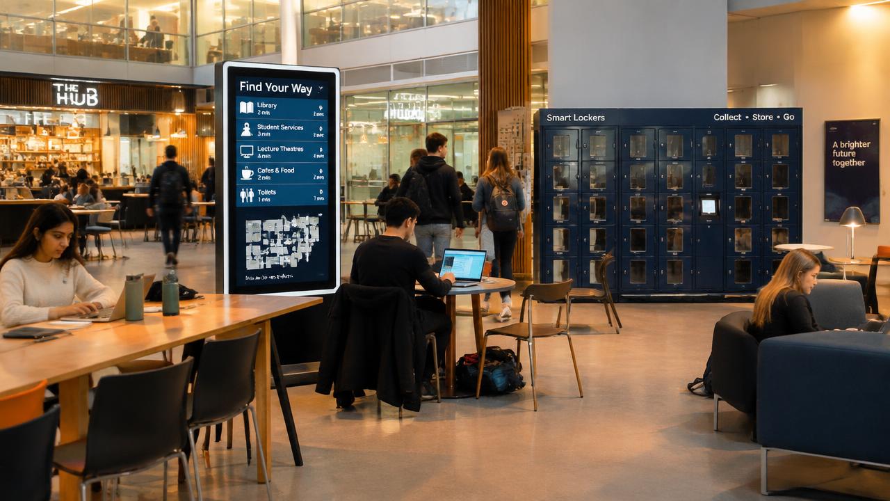 Students studying in a modern campus hub with a digital wayfinding screen and a navy smart locker bank