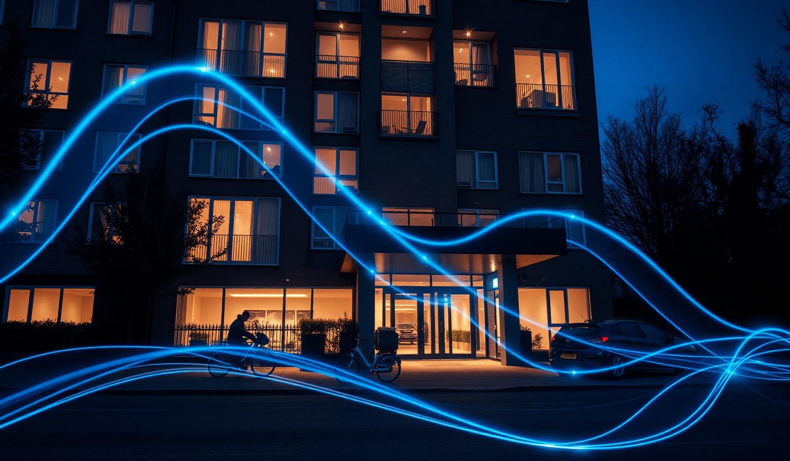 UK apartment building at dusk with delivery couriers outside and overlaid data visualisation lines