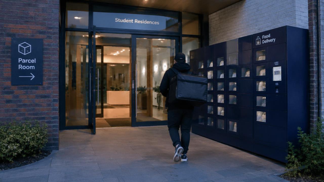 Courier walking past a parcel room sign towards a navy food delivery locker at a student residence