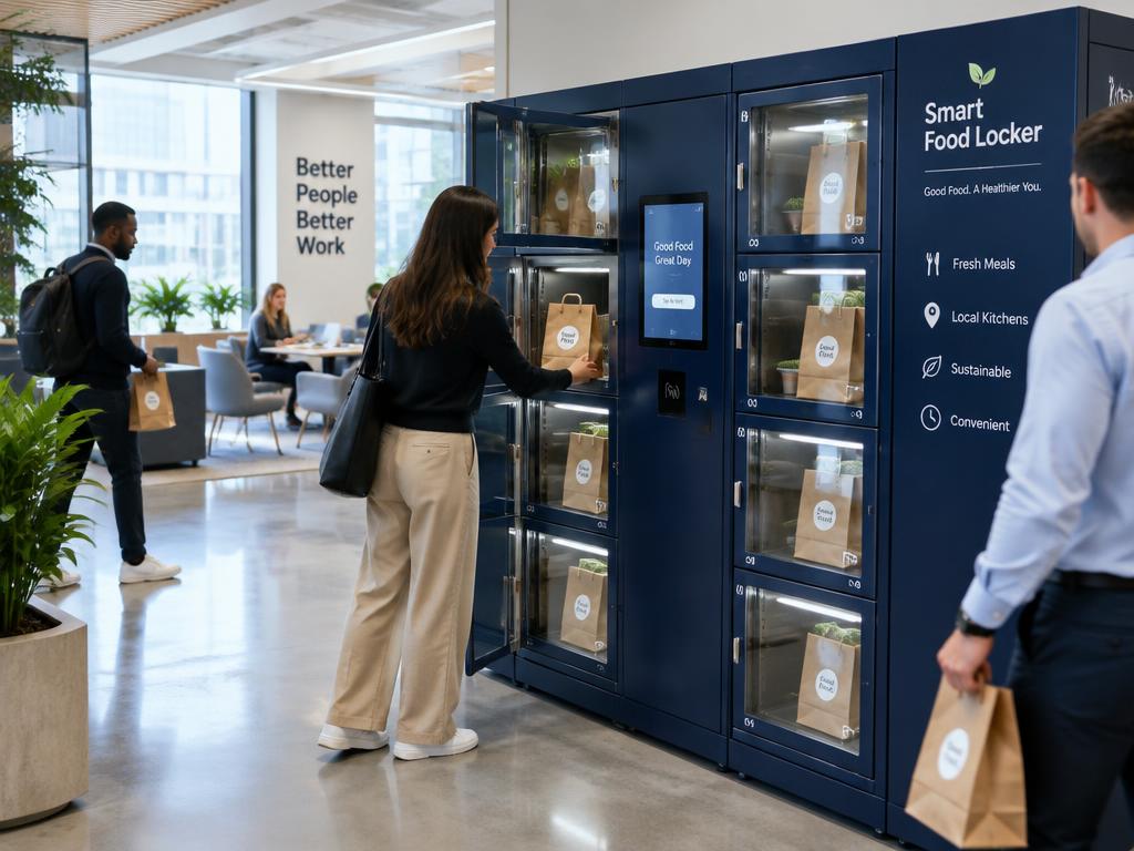 Illustration of a bank of office lunch lockers