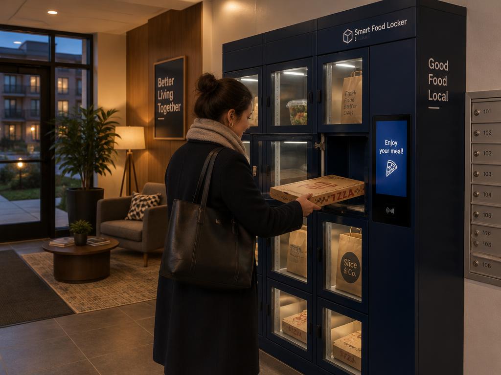 Illustration of a resident collecting an order from a building food locker