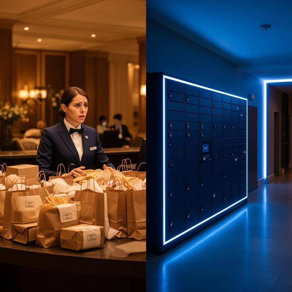 Split composition: a human concierge behind a busy lobby desk piled with food bags on the left, a sleek illuminated smart locker bank and calm empty lobby at dusk on the right