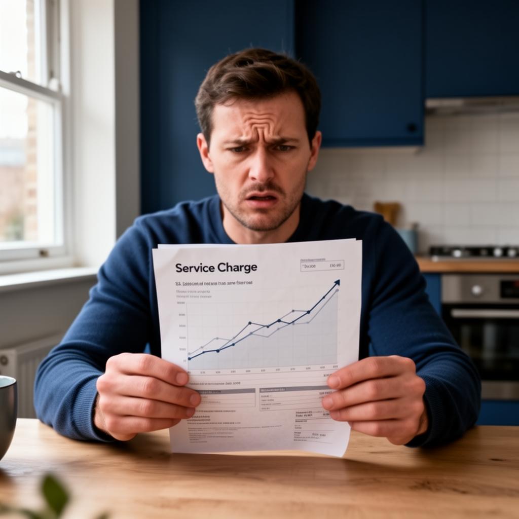 UK resident at a kitchen table holding a printed service charge statement with a rising line graph visible in the background, soft natural light from a window