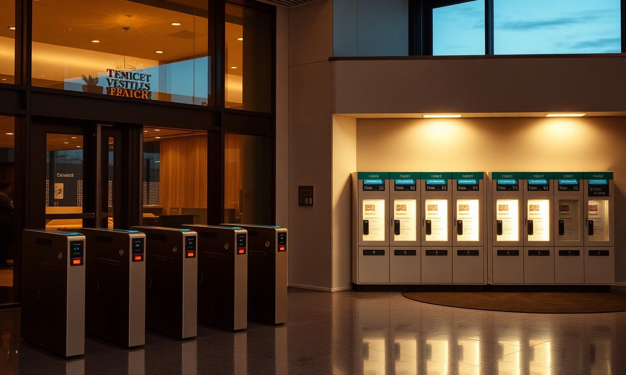 Modern London office reception at dusk with secure turnstiles and a bank of heated food delivery lockers near the entrance